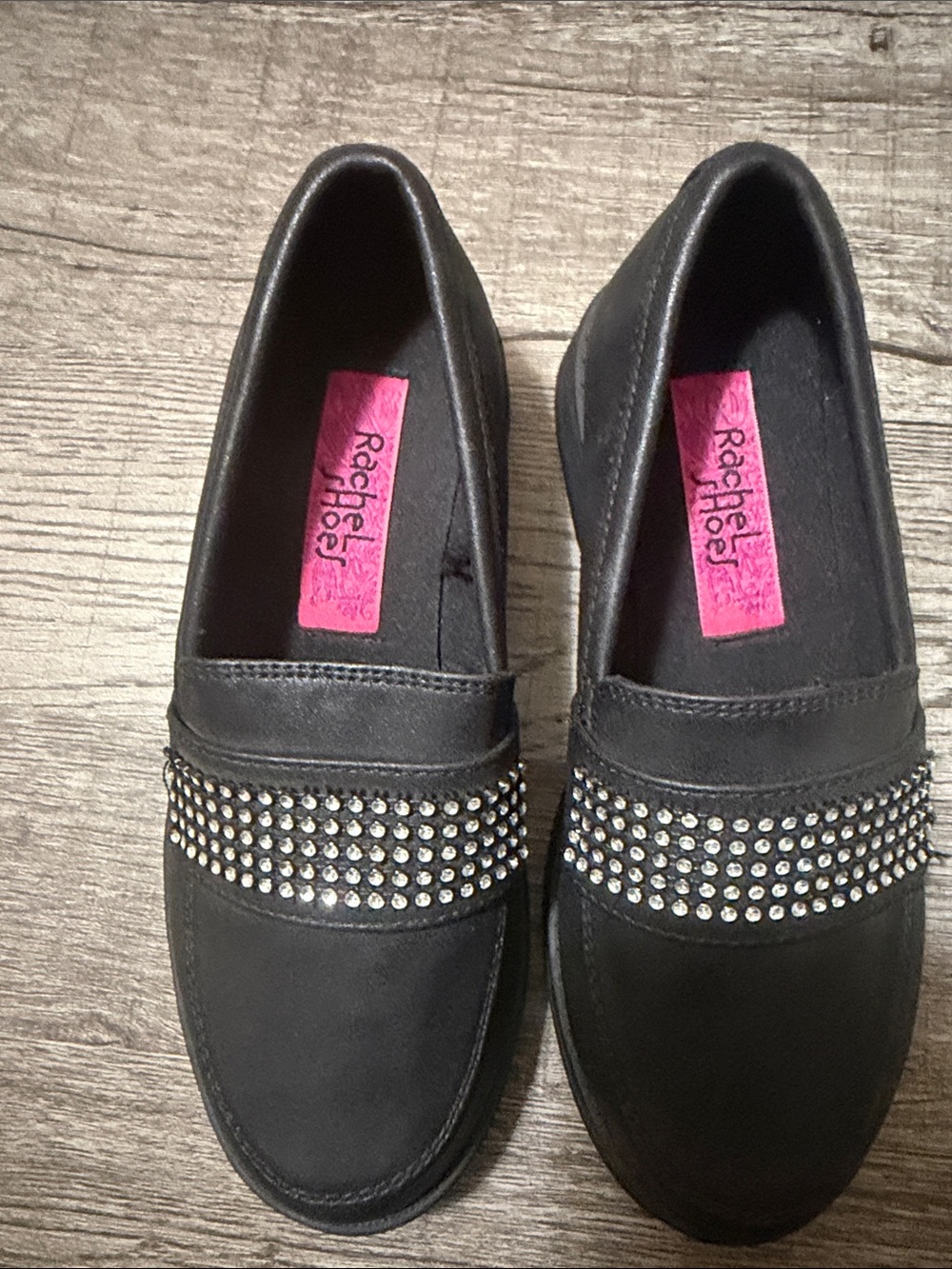 Rachel Shoes Black Slip-On Loafers with Crystal Stud Band